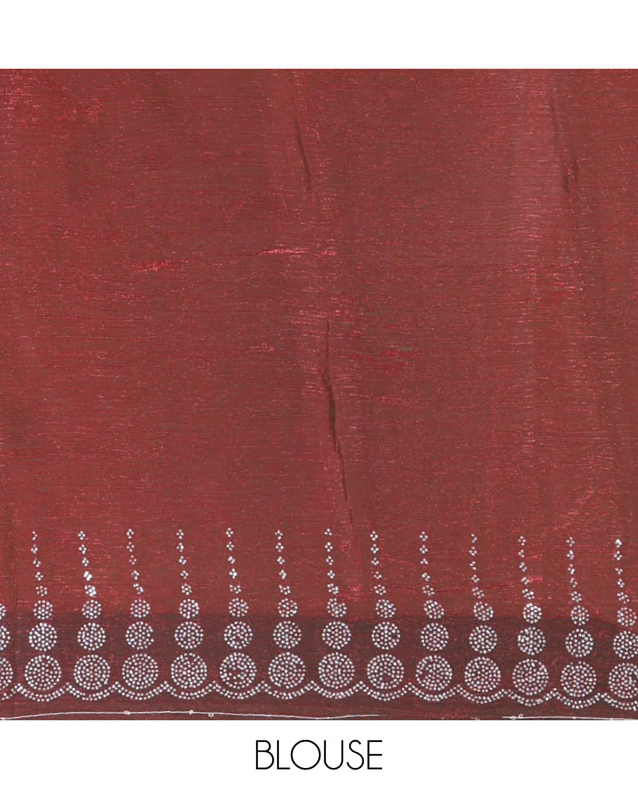 Wine Fendi Chiffon Saree Sparkled With Glittering Swarovski Stones Struck All Over Its Body, Complemented With Scallop Swarovski Stone Work Border, Swarovski Stone Work Pallu, And A Matching Swarovski Stone Work Blouse - Image 3