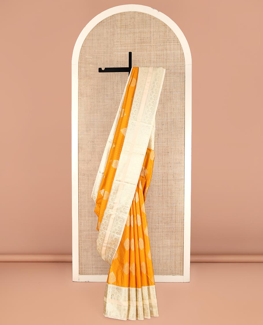 Yellow Budget Silk Saree, Steeped in the Richness of Zari Buttas All Over Its Body, Complemented by Contrast Varisai Pettu Traditional Zari Design Border, an Intricately Designed Pallu, and Paired with a Contrast Blouse - Image 3
