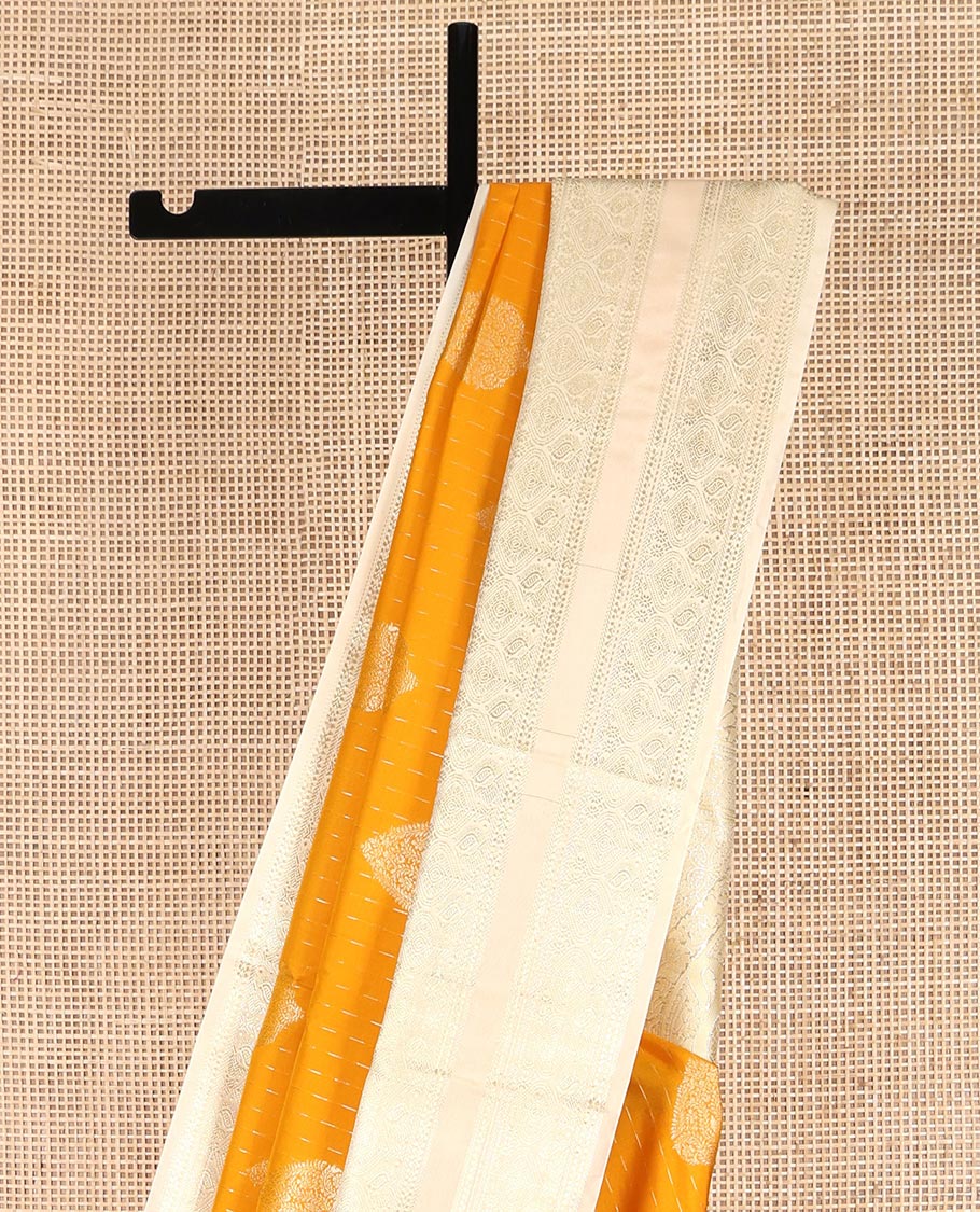 Yellow Budget Silk Saree, Steeped in the Richness of Zari Buttas All Over Its Body, Complemented by Contrast Varisai Pettu Traditional Zari Design Border, an Intricately Designed Pallu, and Paired with a Contrast Blouse - Image 4