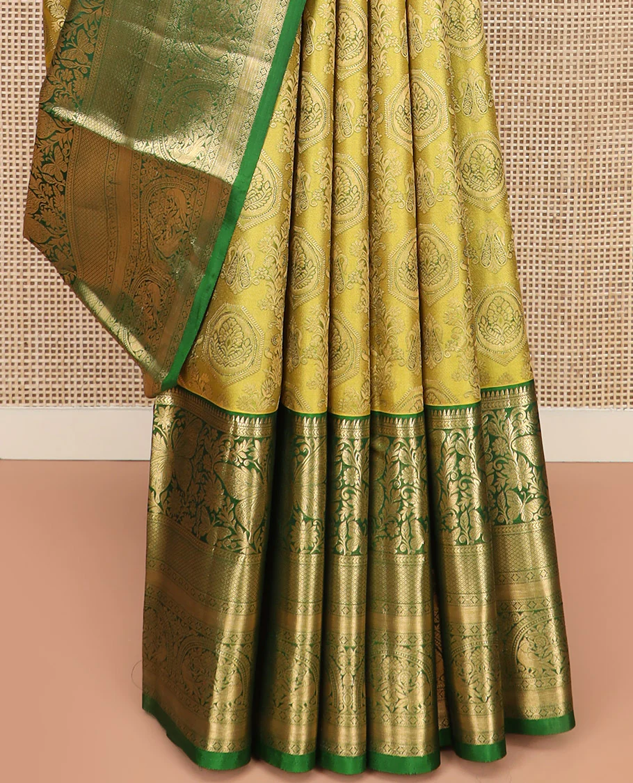Yellow Kanchipuram Silk Saree Adorned with Jacquard Design, Complemented by Contrast Border of Rekku, Kathir, Mayil, Butterfly, and Then Kuli Kann Designs, Pallu Woven with Intricate Zari Designs, and Paired with a Contrast Blouse - Image 4
