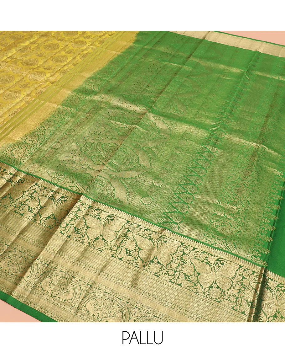Yellow Kanchipuram Silk Saree Adorned with Jacquard Design, Complemented by Contrast Border of Rekku, Kathir, Mayil, Butterfly, and Then Kuli Kann Designs, Pallu Woven with Intricate Zari Designs, and Paired with a Contrast Blouse - Image 5